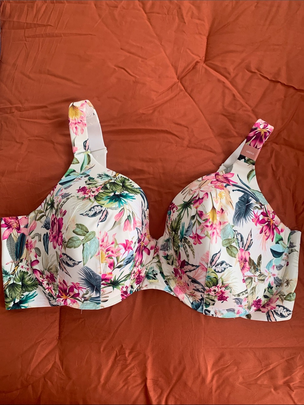 Cacique White Floral Underwire Bra with Pink & Green Accents